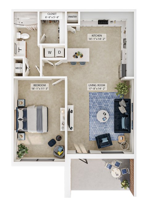 A floor plan of a small apartment with a bedroom, living room, kitchen, and bathroom.