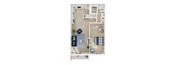 A floor plan of an apartment with a living room, kitchen, and bedroom.