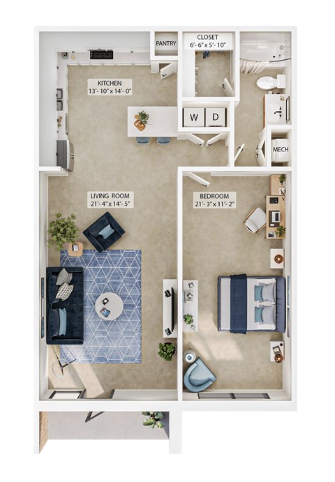 A floor plan of an apartment with a living room, kitchen, and bedroom.