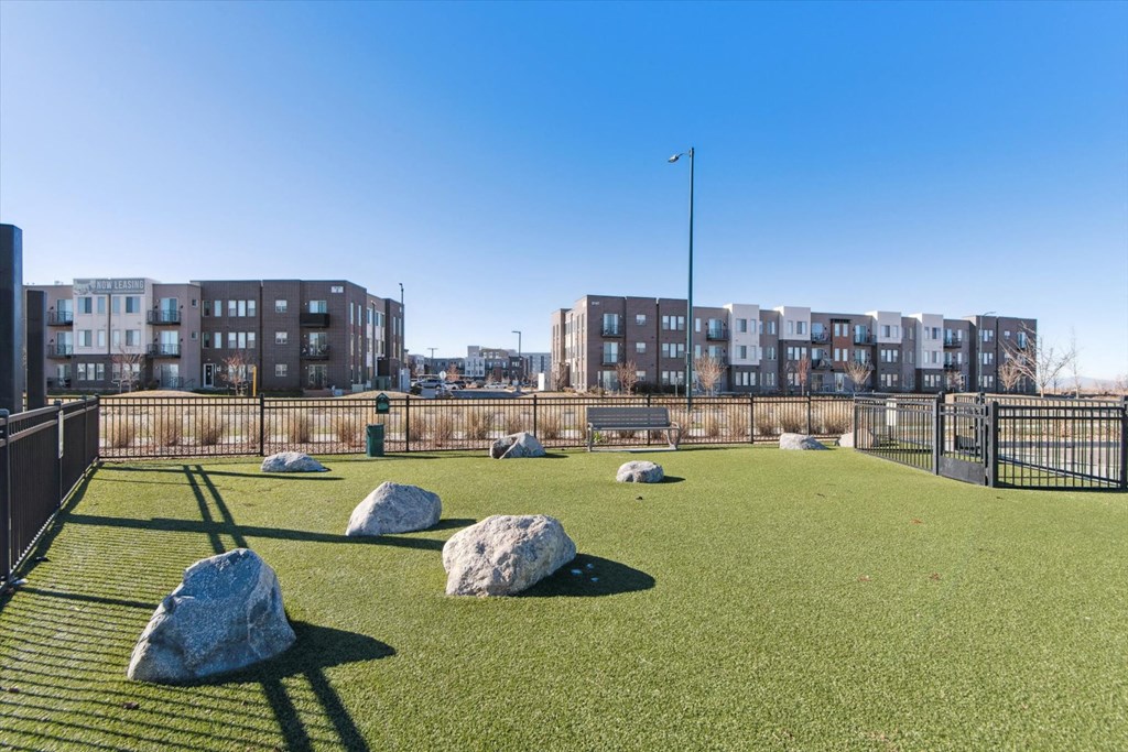A grassy area with rocks and a fence in the foreground and apartment buildings in the background.