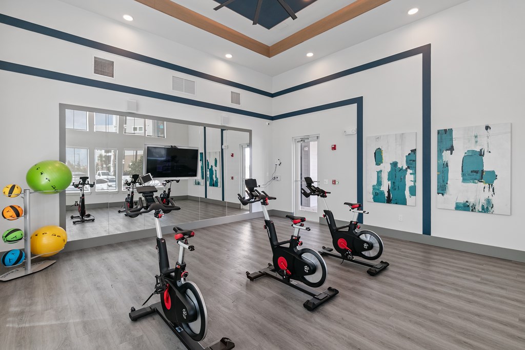 A gym with exercise bikes and a television.