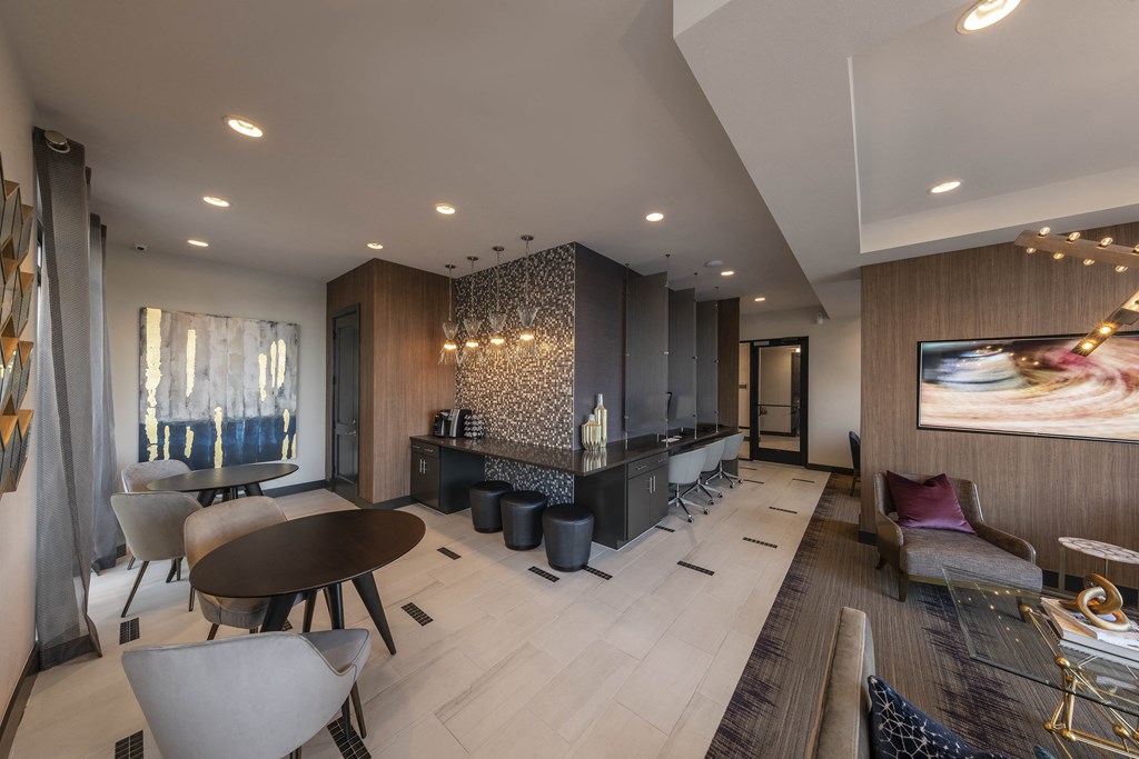 a rendering of a hotel lobby with a bar and dining area