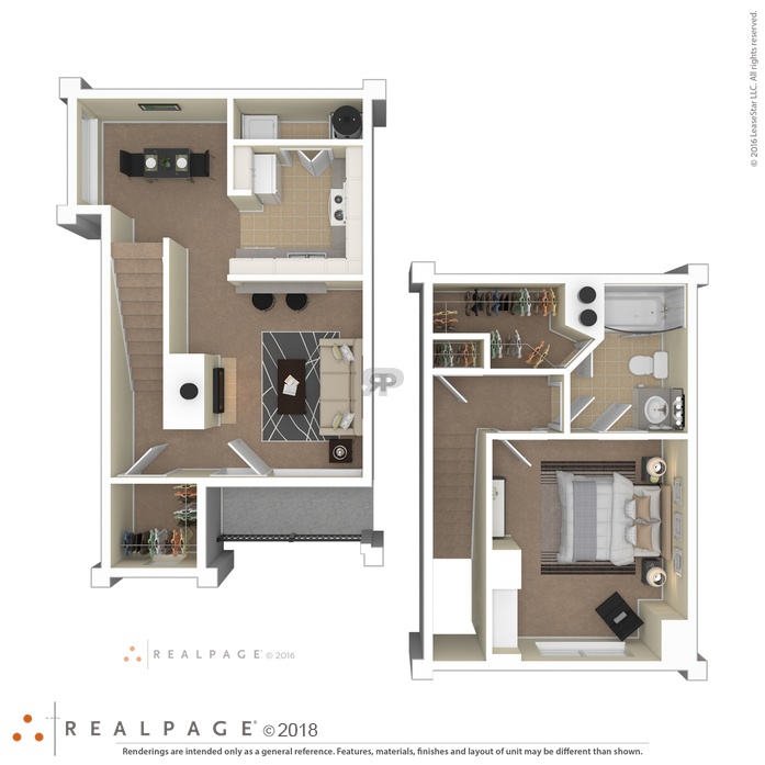 A floor plan of a two-story apartment with a living room, kitchen, and bedrooms.