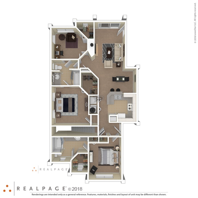 A floor plan of a multi-level apartment with various rooms and furniture layouts.