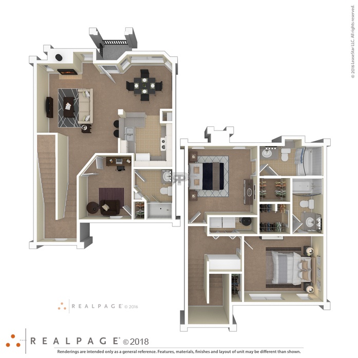 A floor plan of an apartment complex with two bedrooms, two bathrooms, a living room, a kitchen, and a dining room.
