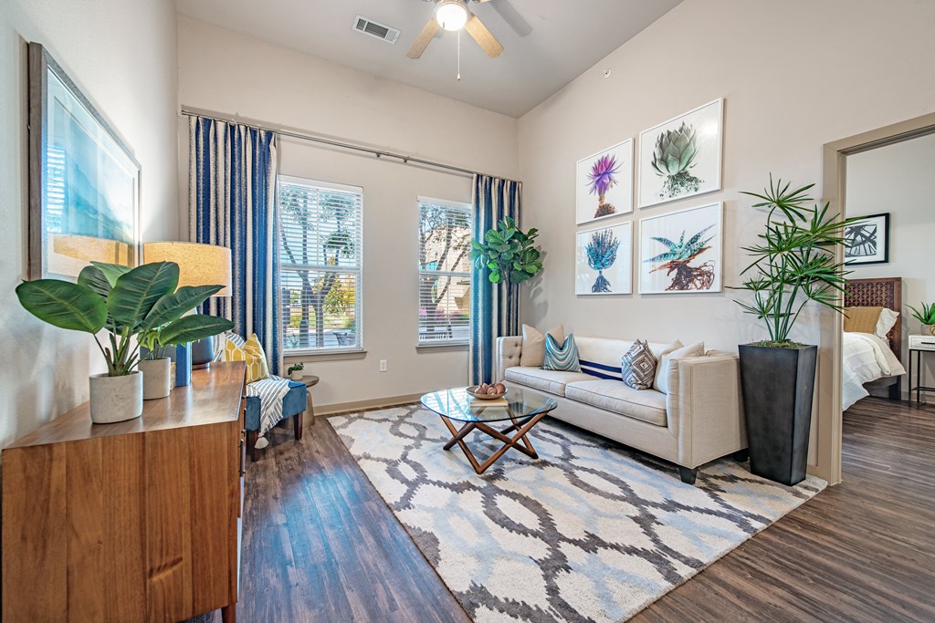 a living room with a couch and a coffee table