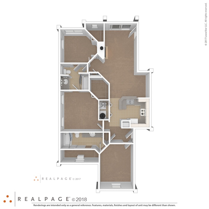 A floor plan of a building with multiple rooms and a kitchen area.
