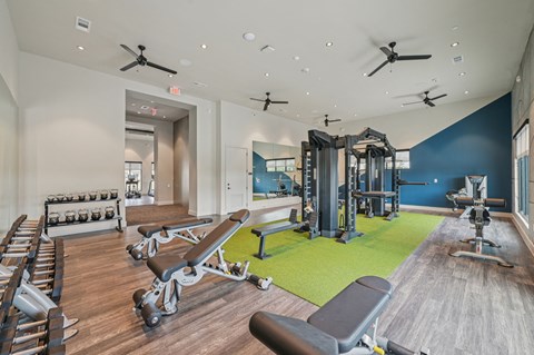 A gym with a variety of equipment including weights, benches, and a green mat.