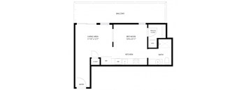 A black and white floor plan of a small apartment with a living area, bedroom, kitchen, bathroom, and entry.