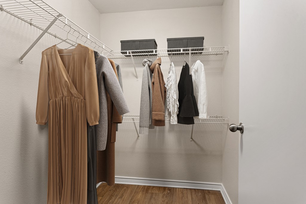 a walk in closet in a bedroom