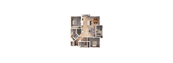 A top-down view of a house layout with a kitchen, living room, and two bedrooms.
