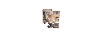 A top-down view of a house layout with a living room, kitchen, and two bedrooms.