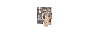 A top-down view of a house layout with a kitchen, living room, and bedrooms.