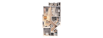 A detailed 3D floor plan of a house showing the layout of the rooms.