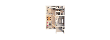 A top-down view of a living room with a couch, coffee table, and kitchen area.