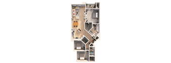 A detailed 3D floor plan of a small apartment with a living room, kitchen, and two bedrooms.
