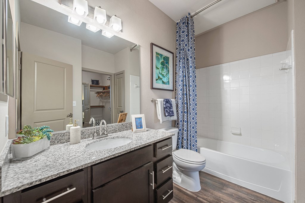 a bathroom with granite countertops and brown cabinets