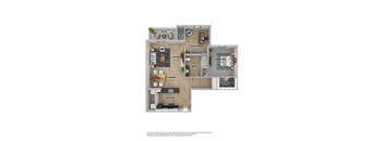 A floor plan of a house with a living room, kitchen, dining room, bedroom, and patio.