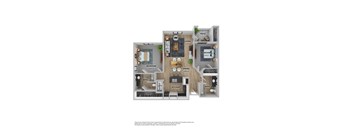 A 3D rendered image of a house layout with labeled rooms.