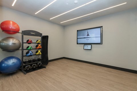 a fitness room with a punching bag and a television on the wall