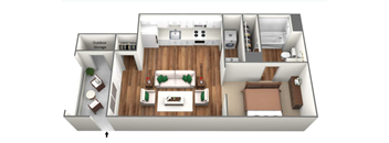 the 1122 sqft floor plan with bedroom and living room