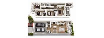 A top and bottom floor plan of a house with a car parked in the driveway.