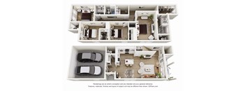 A 3D floor plan of a house with two bedrooms, two bathrooms, a living room, a kitchen, and a garage.