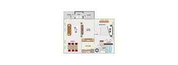 A floor plan of a house with a living room, dining room, kitchen, and bathroom.