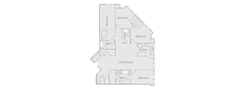 A floor plan of a house with three bedrooms, a living room, a kitchen, and two bathrooms.