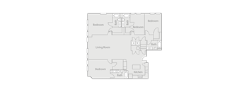 A floor plan of a house with four bedrooms, a living room, a kitchen, and two bathrooms.