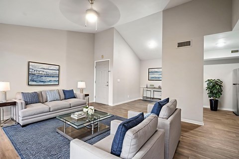 A living room with a grey couch and a glass coffee table.