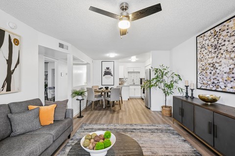 A living room with a grey couch and a ceiling fan.