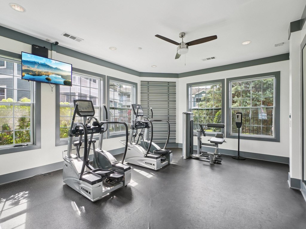 A spacious room with exercise equipment and a television displaying a beach scene.