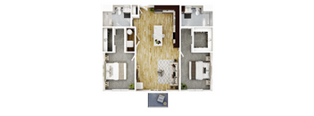 A top-down view of a room with a dining area, kitchen, and living room.