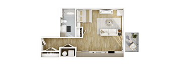 A top-down view of a modern apartment layout with a kitchen, living room, and bathroom.