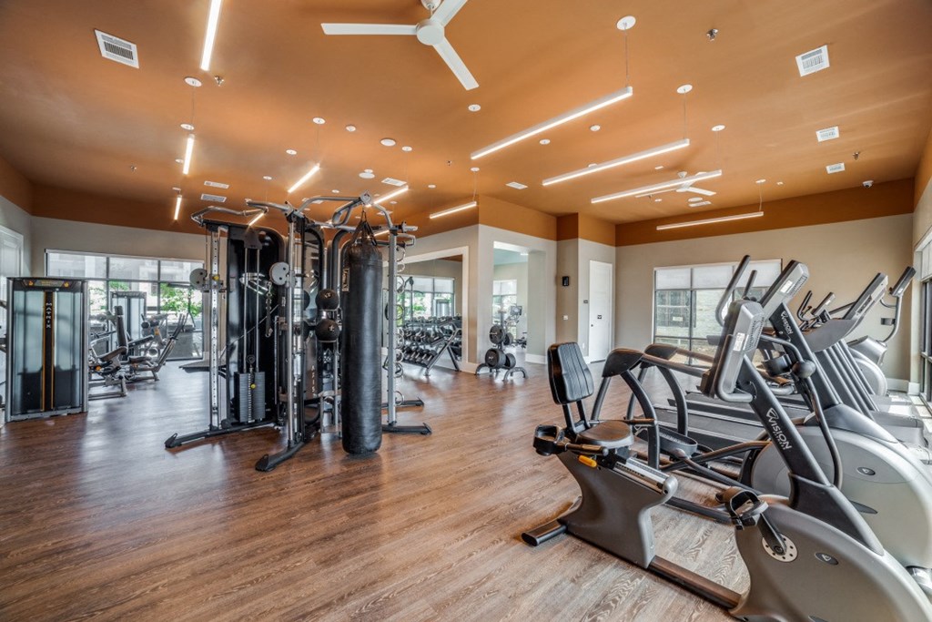 a gym with cardio machines and other exercise equipment in a building