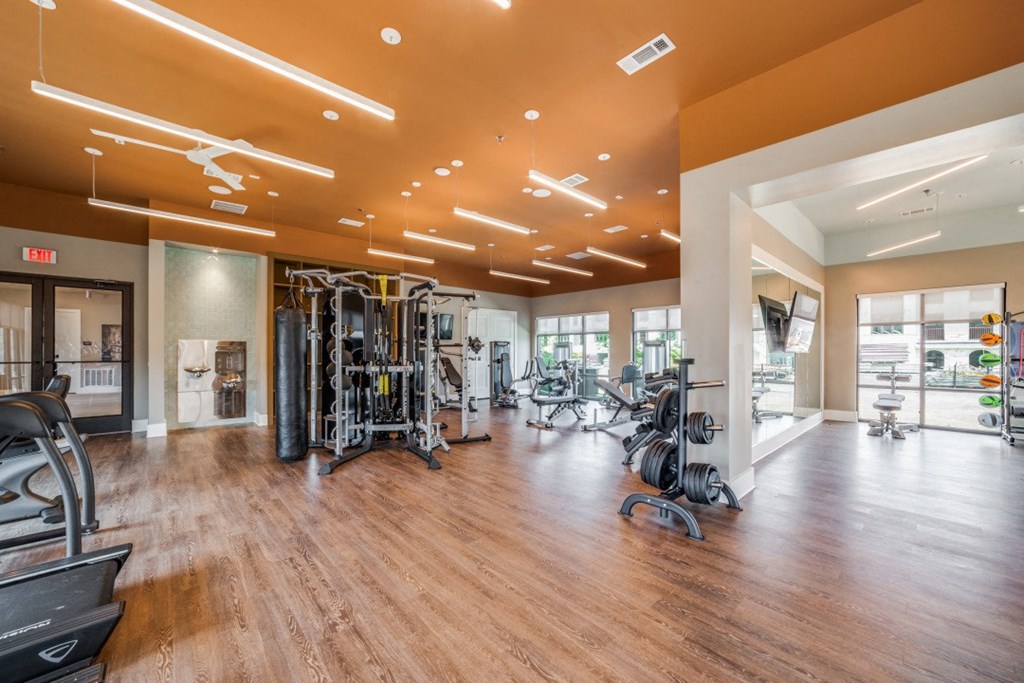 a gym with a lot of exercise equipment in it