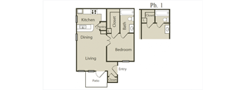 a floor plan of a small apartment with a kitchen and a living room