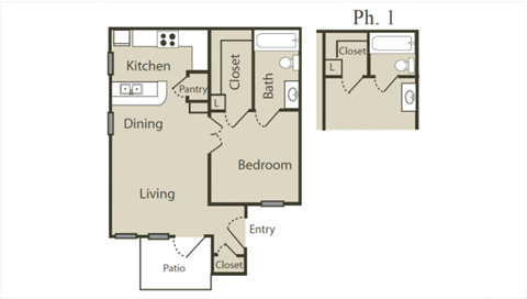 a floor plan of a small apartment with a kitchen and a living room
