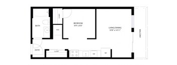 A floor plan of a house with a bedroom, bathroom, living/dining area, closet, entry, and a reference area.