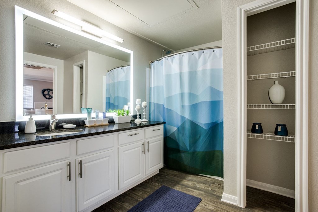 a bathroom with a blue and white shower curtain