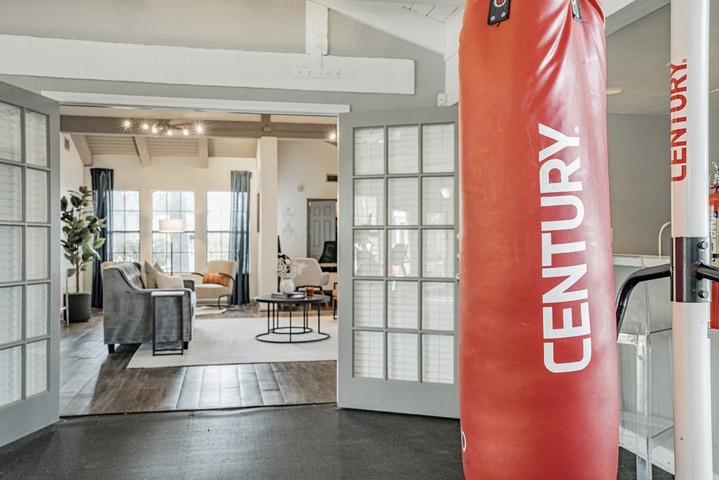 a gym with a red punching bag in front of a living room