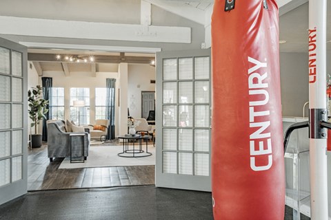 a gym with a red punching bag in front of a living room