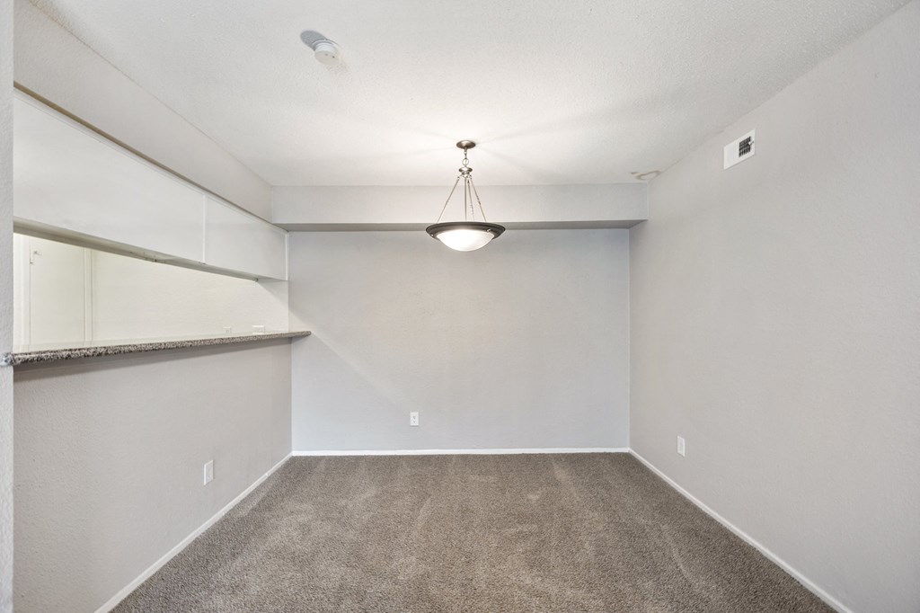 an empty room with carpet and a light hanging from the ceiling