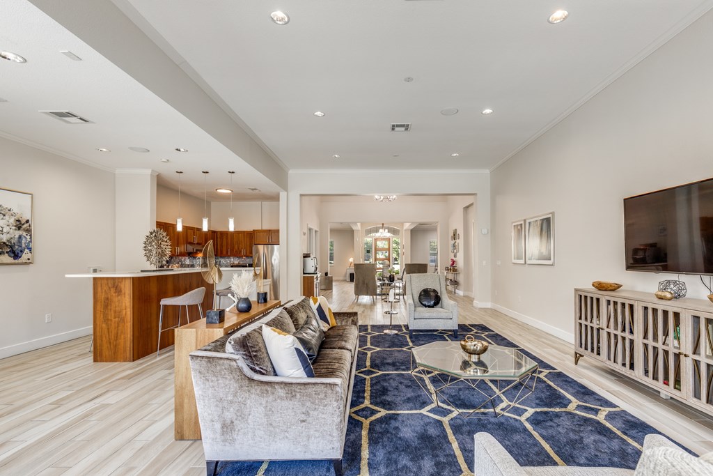 A spacious living room with a blue rug and a grey sofa.