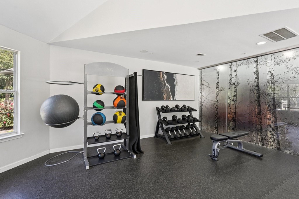 A gym with a variety of equipment including weights and a bench.