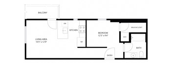 A floor plan of a small apartment with a living area, kitchen, bedroom, and bathroom.