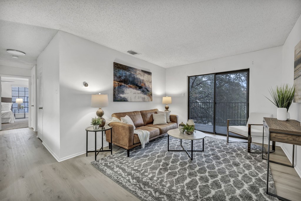 A living room with a couch, a chair, a coffee table, and a rug.