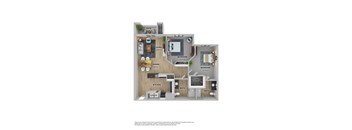 A floor plan of a house with a living room, two bedrooms, a kitchen, a bathroom, a dining room, a patio, and a storage area.