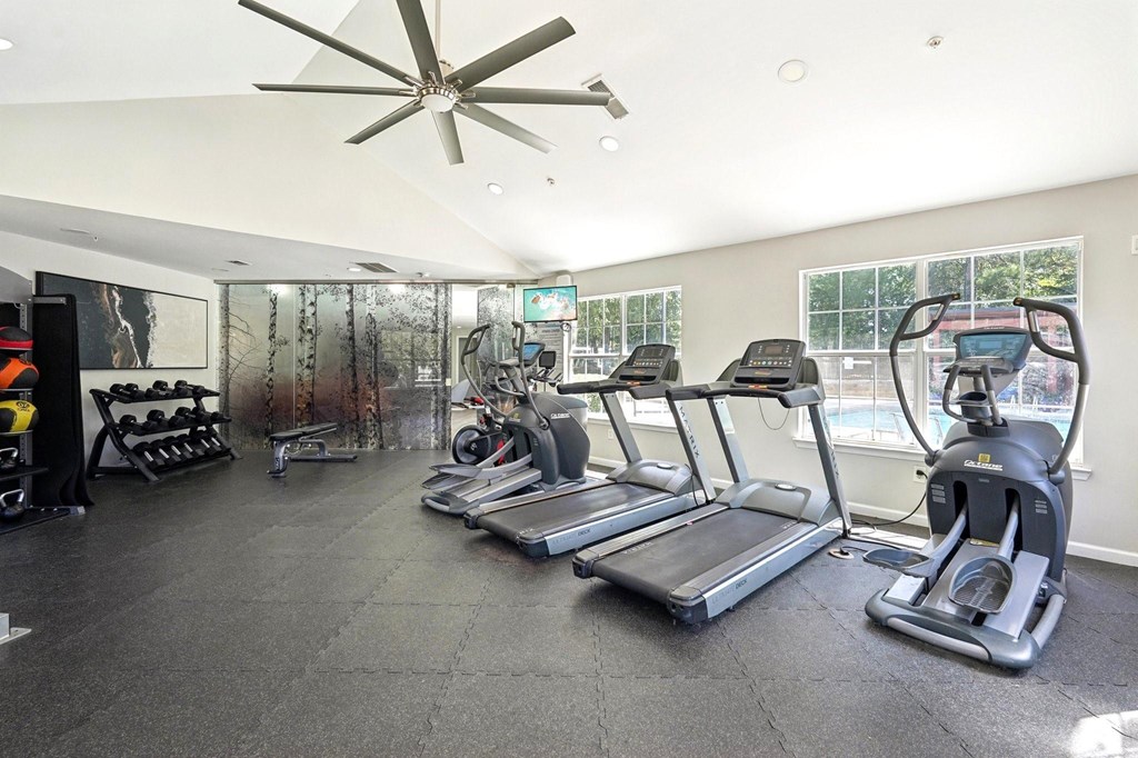 A gym with treadmills, elliptical machines, and dumbbells.